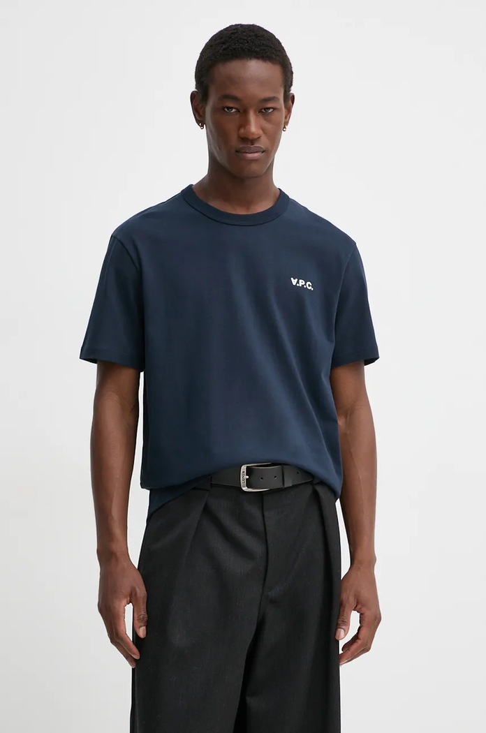 Памучна тениска A.P.C. t-shirt boxy petit vpc изчистен тъмносин COHBQ.H26391