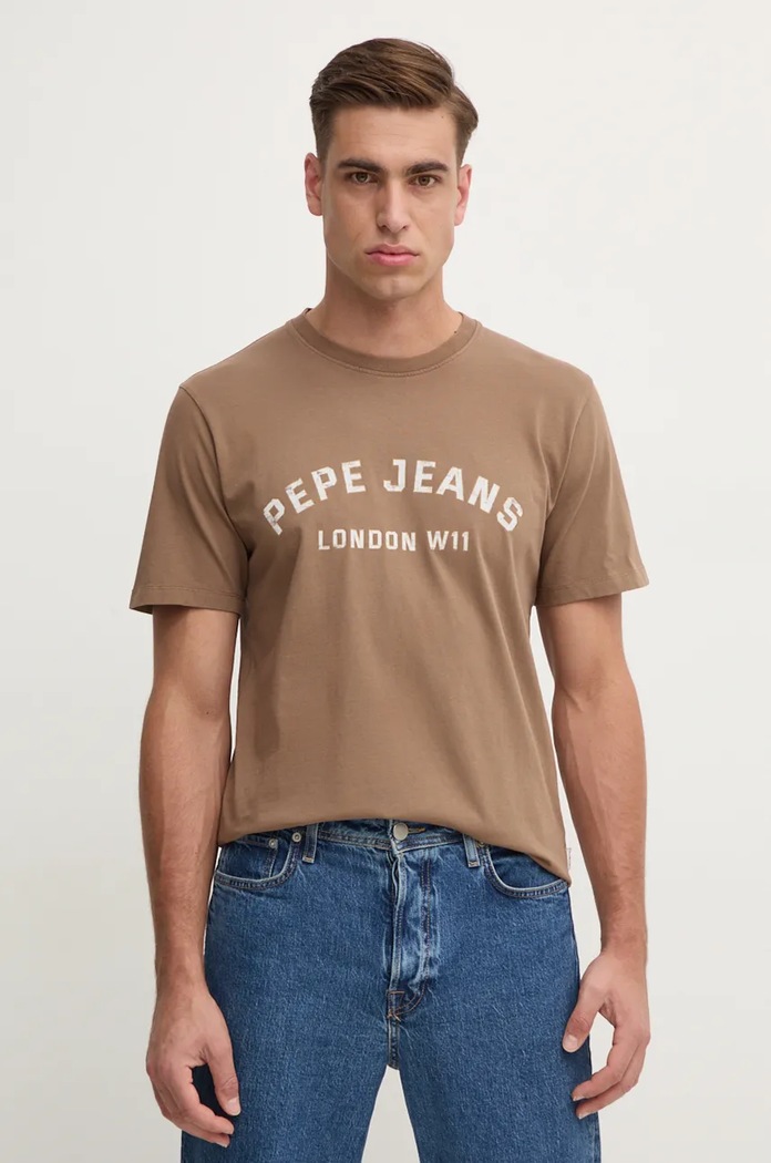 Bavlněné tričko Pepe Jeans ALDRIDGE potisk hnědá PM509628