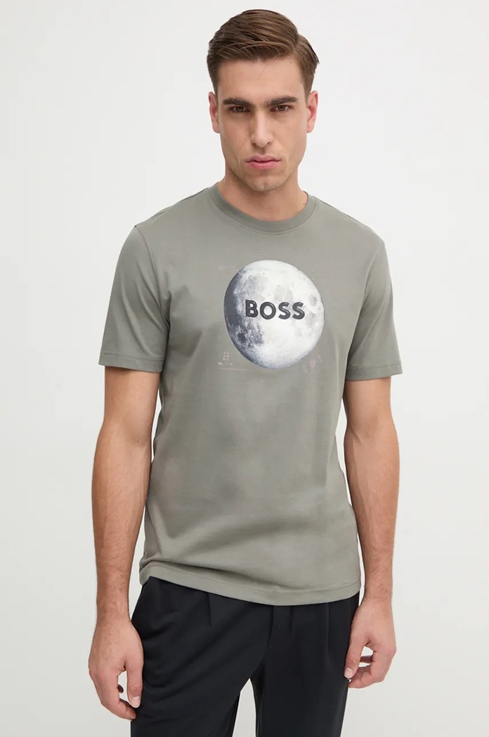 Bavlněné tričko Boss Orange potisk šedá 50528189