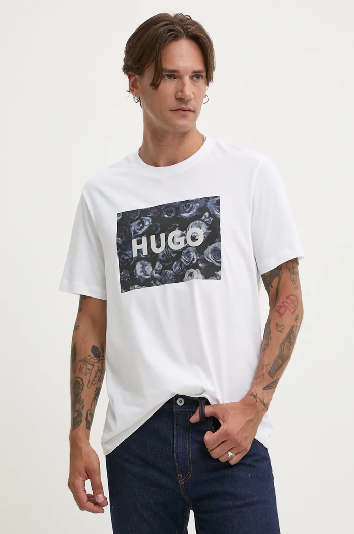 Bavlněné tričko HUGO potisk bílá 50523999