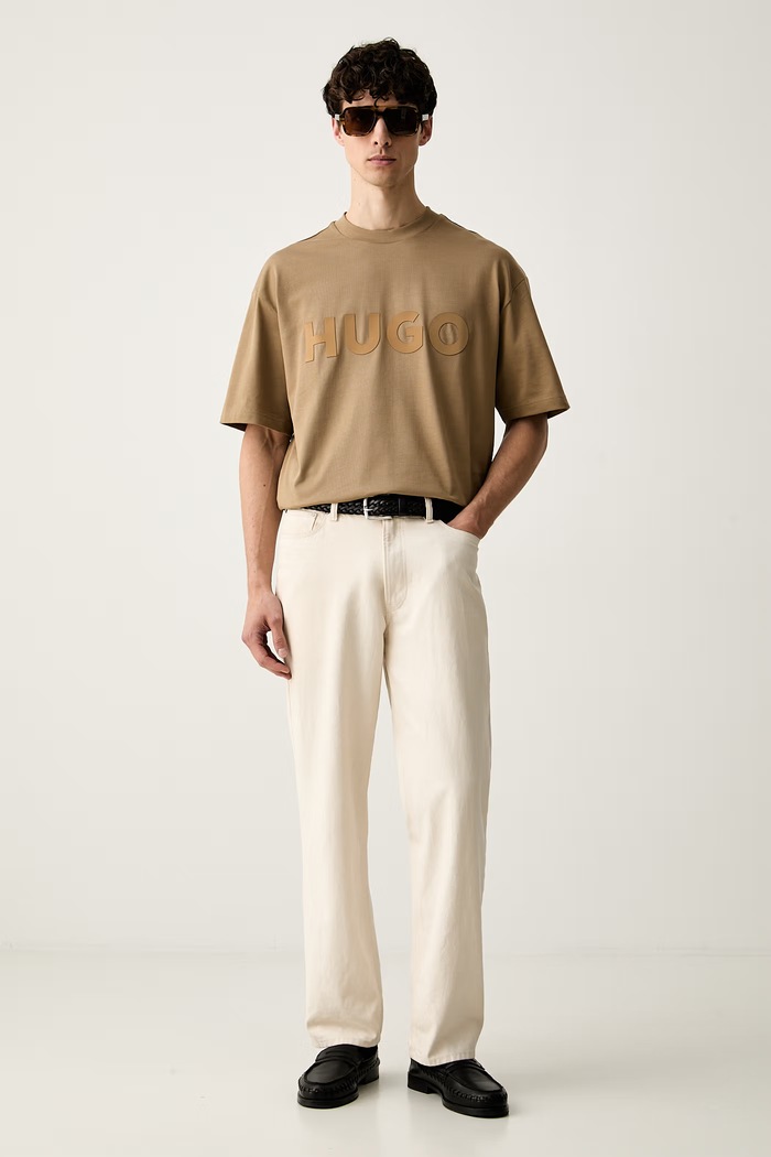 HUGO T-shirt basic męski bawełniany Dinkee 50525765 beżowy SS26
