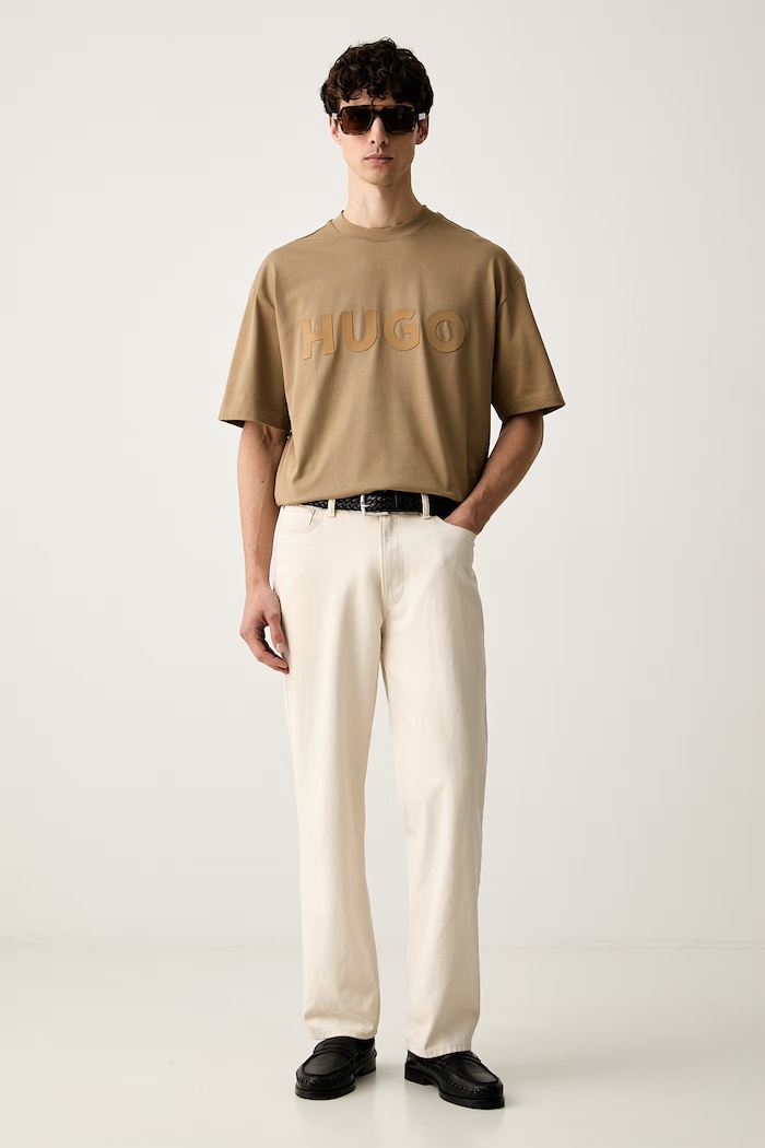 HUGO T-shirt basic męski bawełniany Dinkee 50525765 beżowy SS26