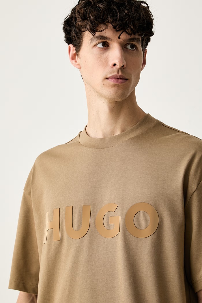 HUGO T-shirt basic męski bawełniany Dinkee beżowy 50525765