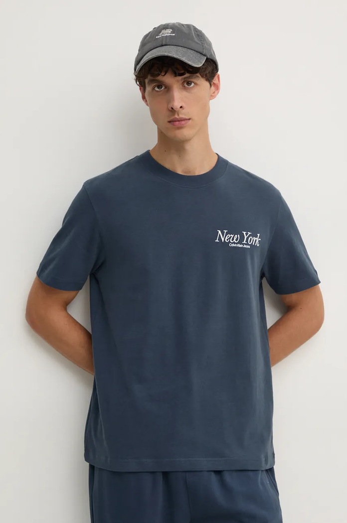 Βαμβακερό μπλουζάκι Calvin Klein Jeans στάμπα τιρκουάζ J30J326862
