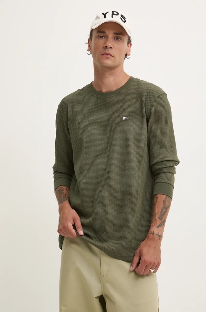 Tričko s dlouhým rukávem Tommy Jeans kulatý zelená DM0DM19216