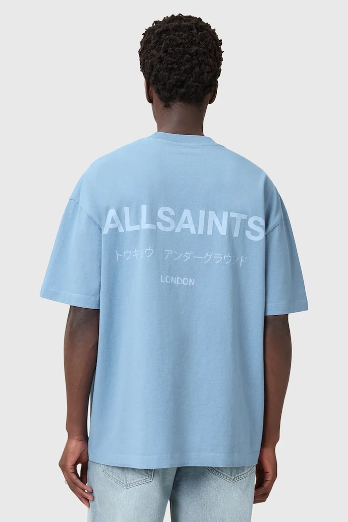 AllSaints T-shirt oversize męski bawełniany nadruk niebieski M071PB