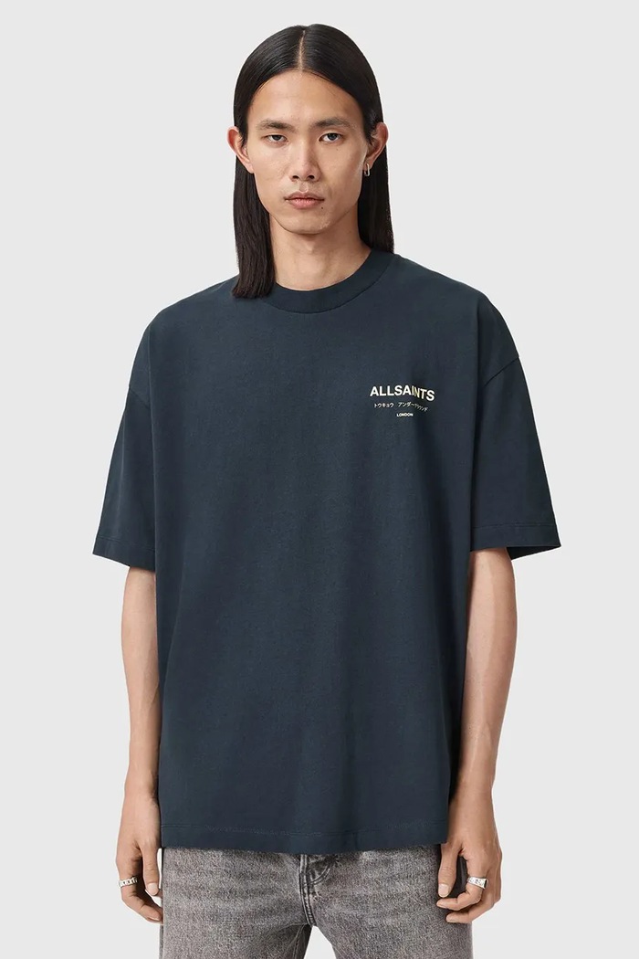 AllSaints oversize tričko pánske bavlnené M071PB tmavomodrá SS26