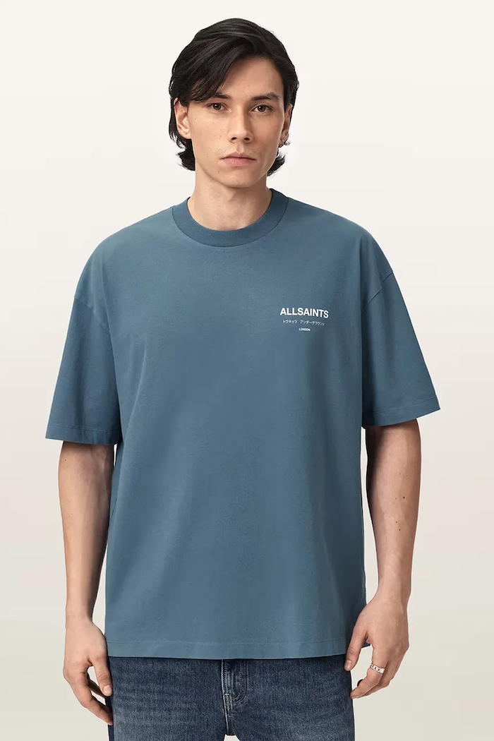 AllSaints T-shirt oversize męski bawełniany MINA M071PB niebieski SS26