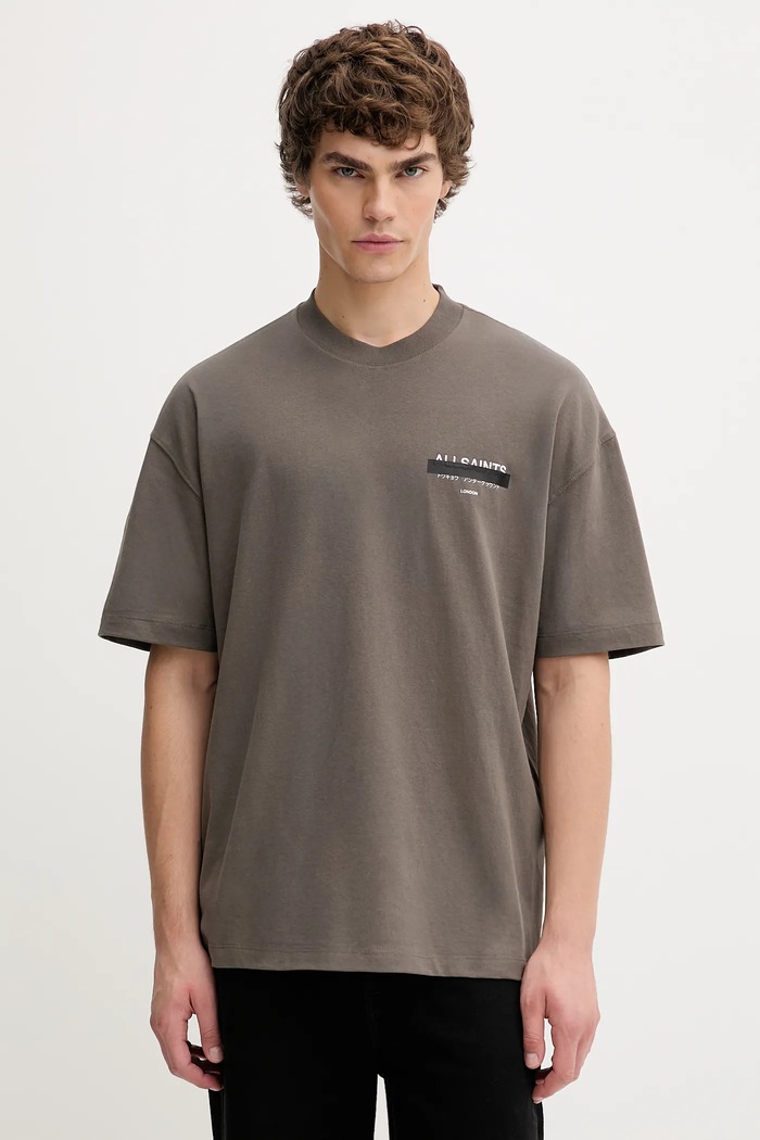 Βαμβακερό μπλουζάκι AllSaints REDACT SS CREW στάμπα πράσινο M002PC