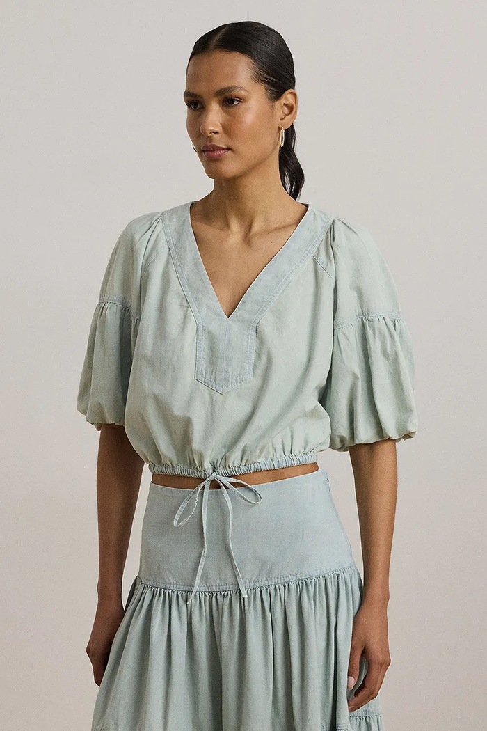 Lauren Ralph Lauren bluză din bumbac uni albastru 200971260