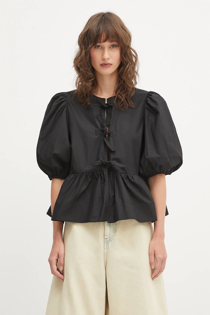GANNI Cotton Poplin Peplum bluzka z falbanką damska bawełniana gładka gładkie czarny F7364
