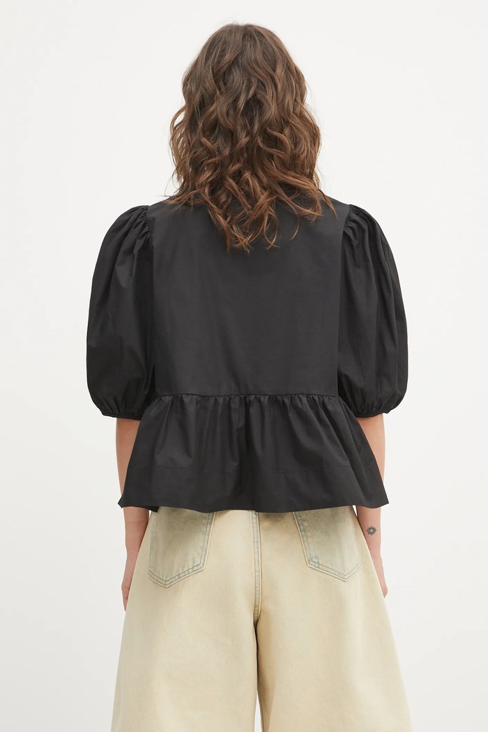 Odzież GANNI Cotton Poplin Peplum bluzka z falbanką damska bawełniana gładka F7364 czarny