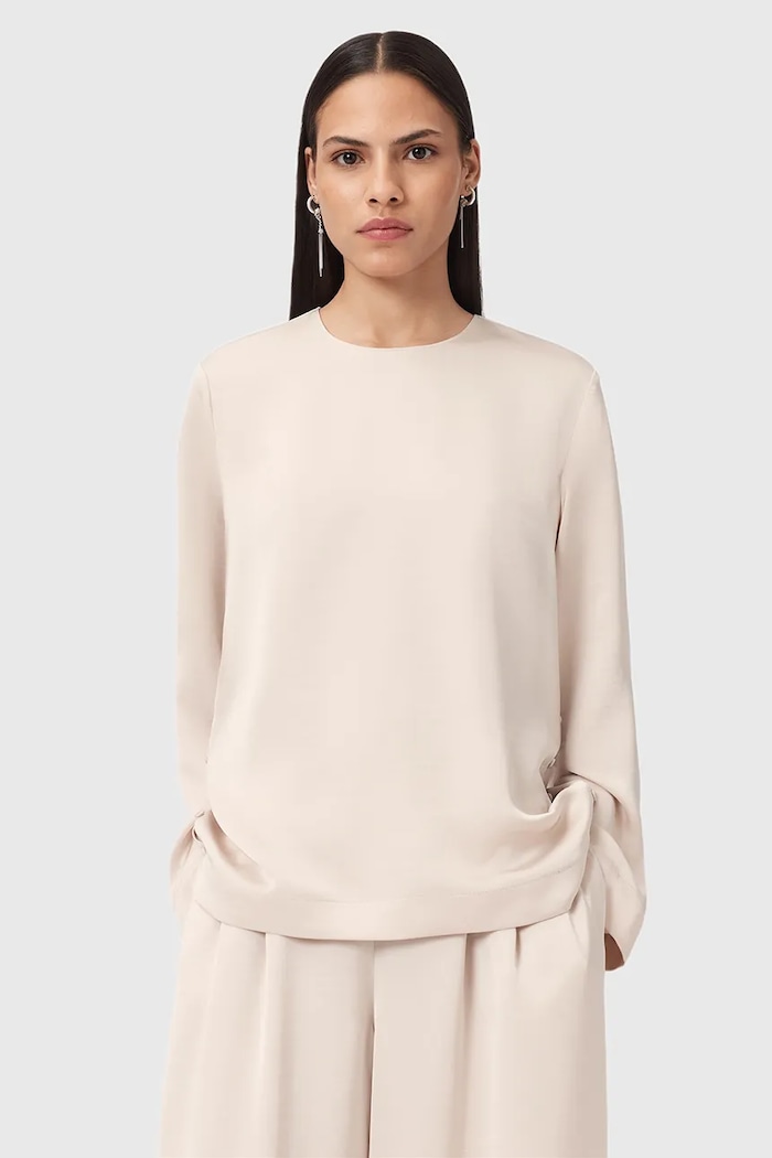 Μπλουζάκι AllSaints LEANNE μακρύ μπεζ W019PD