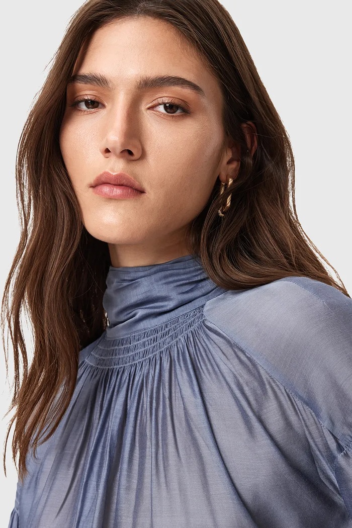 Blúzka s prímesou hodvábu AllSaints PEARLA W027PD fialová AW25