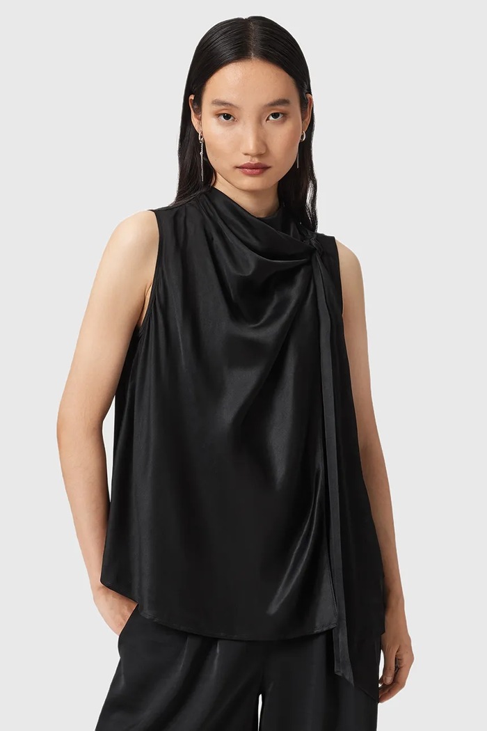 Halenka s příměsí hedvábí AllSaints HERELA hladký černá W011PD
