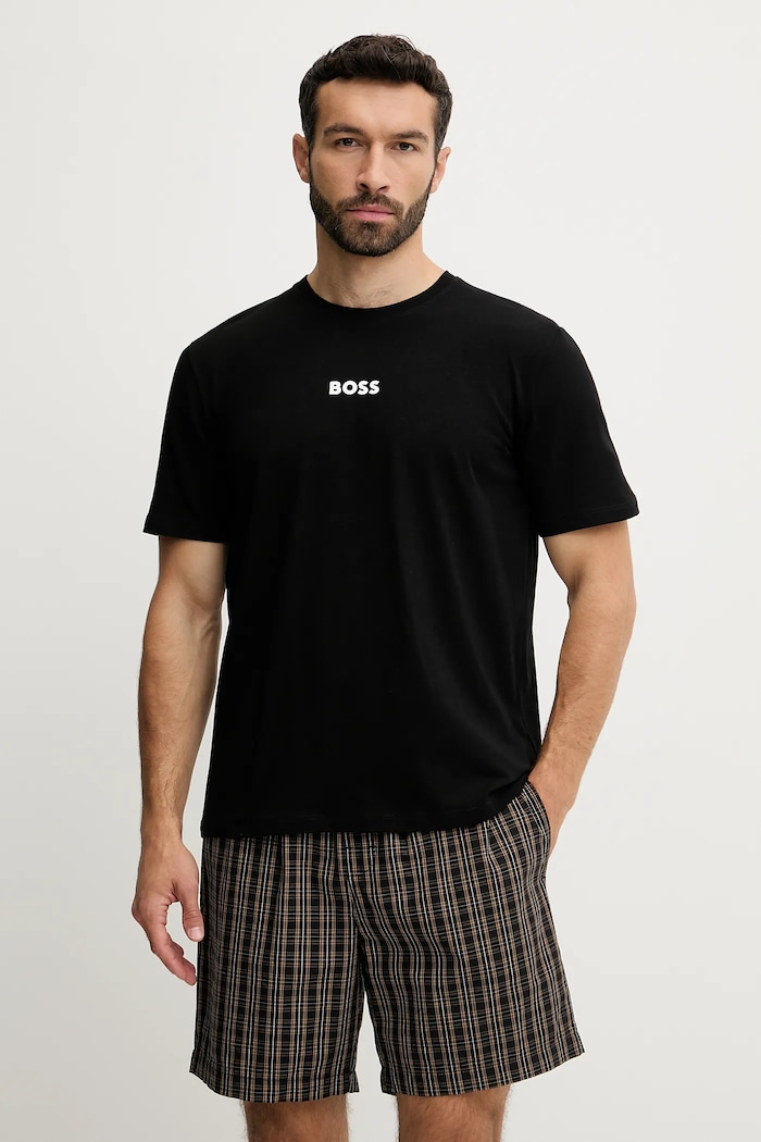 BOSS piżama dwuczęściowa męska z bawełną Easy Short Set wzorzyste czarny 50545944