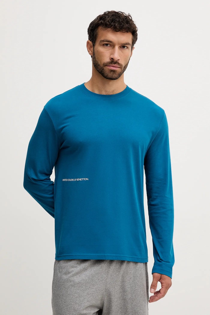 United Colors of Benetton longsleeve piżamowy bawełniany nadruk niebieski 30964M021