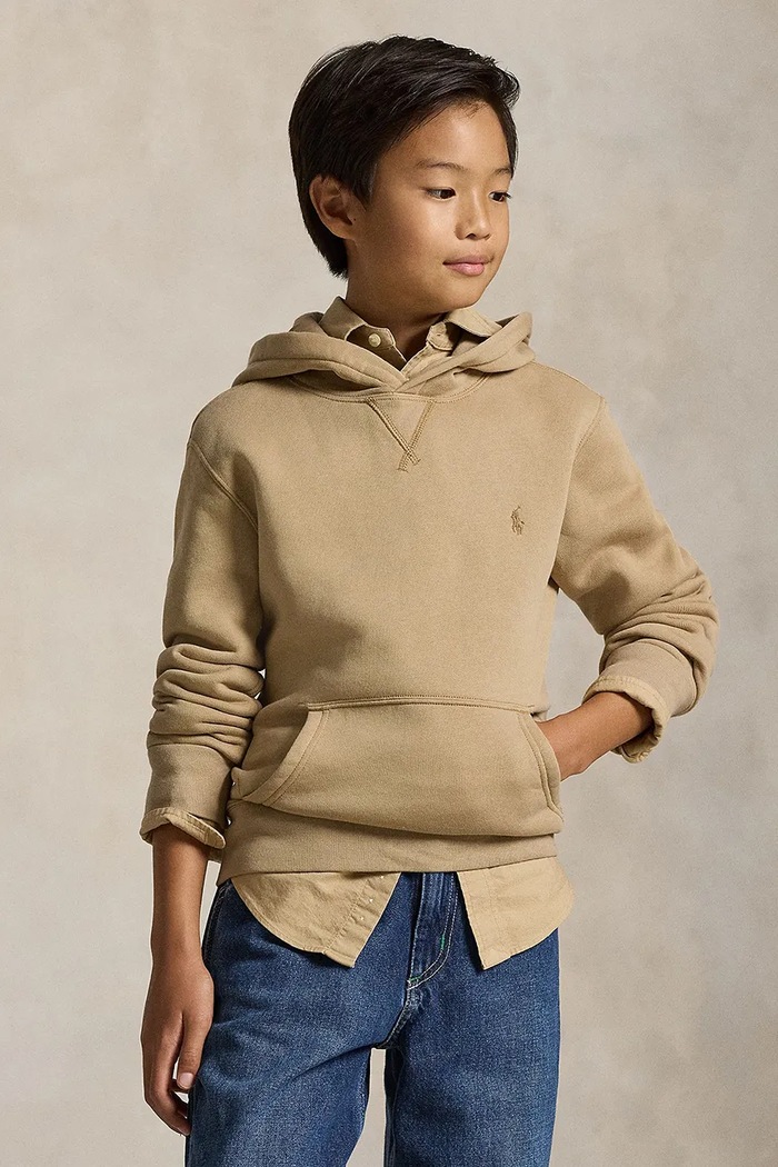 Dječja pamučna dukserica Polo Ralph Lauren s kapuljačom bež 323749954062