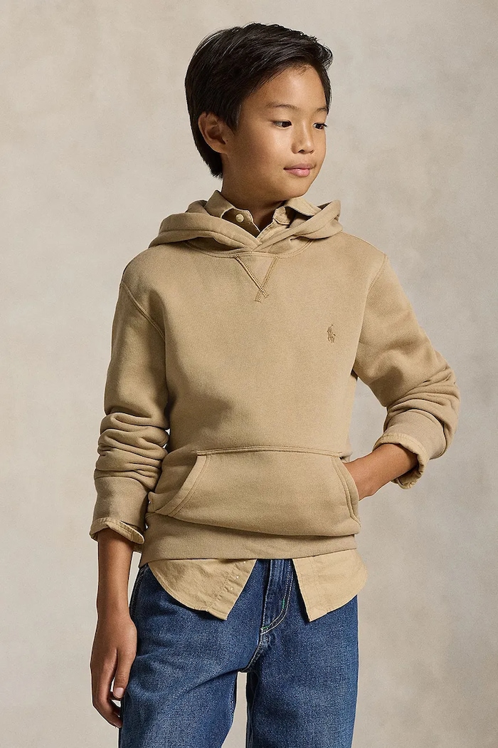 Dječja pamučna dukserica Polo Ralph Lauren s kapuljačom bež 323749954062