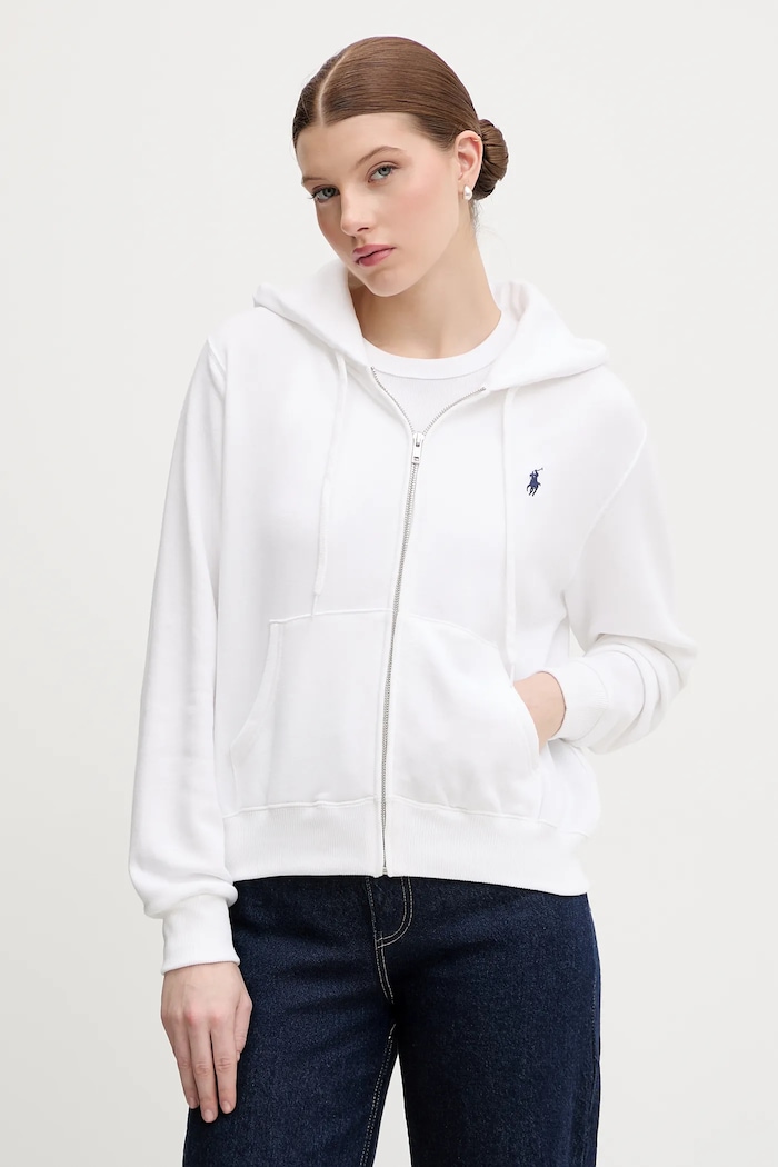 Polo Ralph Lauren rozepínací mikina s kapucí dámská bavlněná s kapucí bílá 211971693
