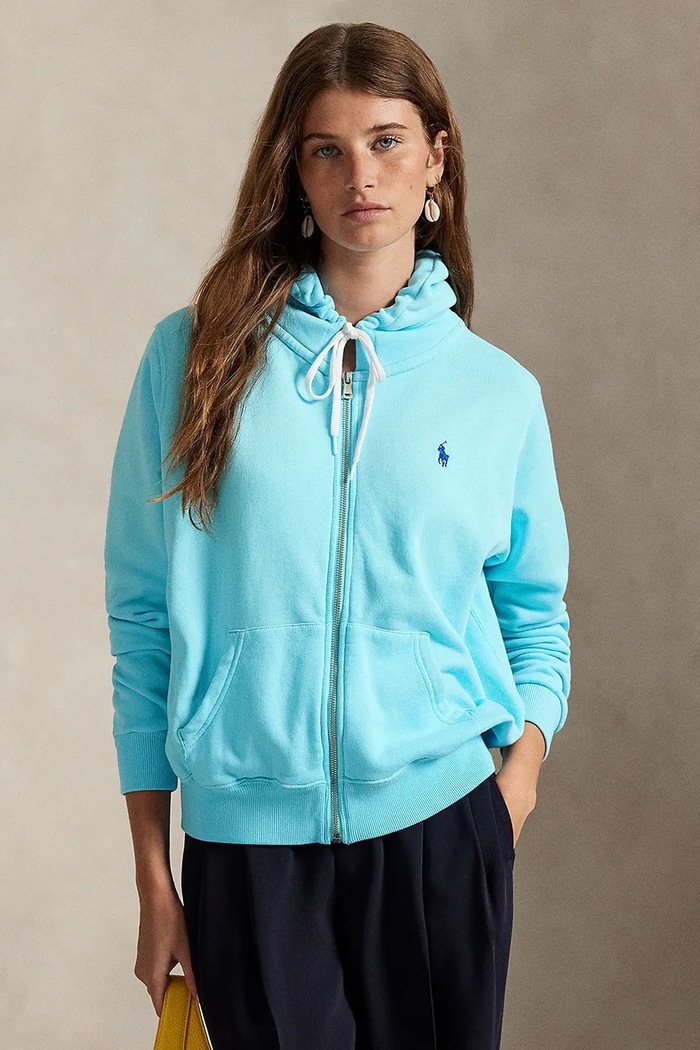 Polo Ralph Lauren hanorac cu fermoar și glugă pentru femei din bumbac uni turcoaz 211971693