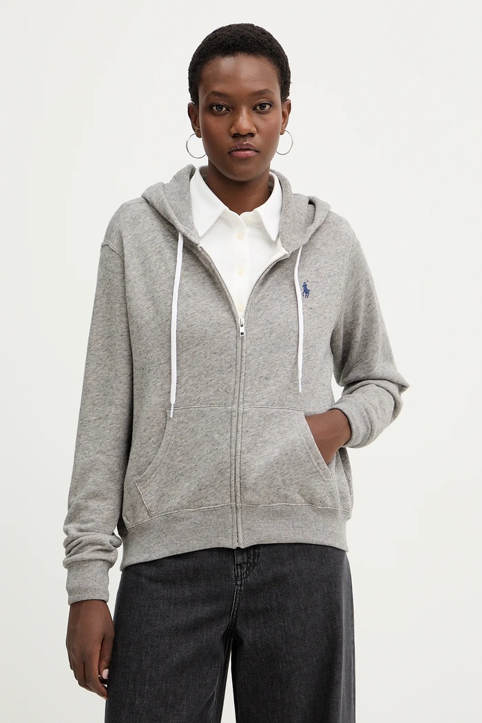 Polo Ralph Lauren rozepínací mikina s kapucí dámská bavlněná s kapucí šedá 211971693