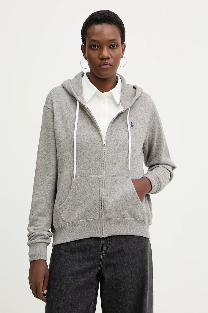 Polo Ralph Lauren rozepínací mikina s kapucí dámská bavlněná s kapucí šedá 211971693