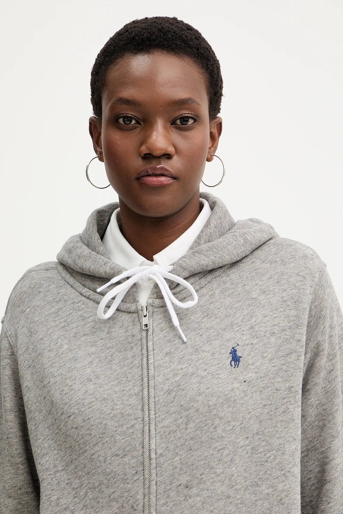 Polo Ralph Lauren rozepínací mikina s kapucí dámská bavlněná šedá 211971693