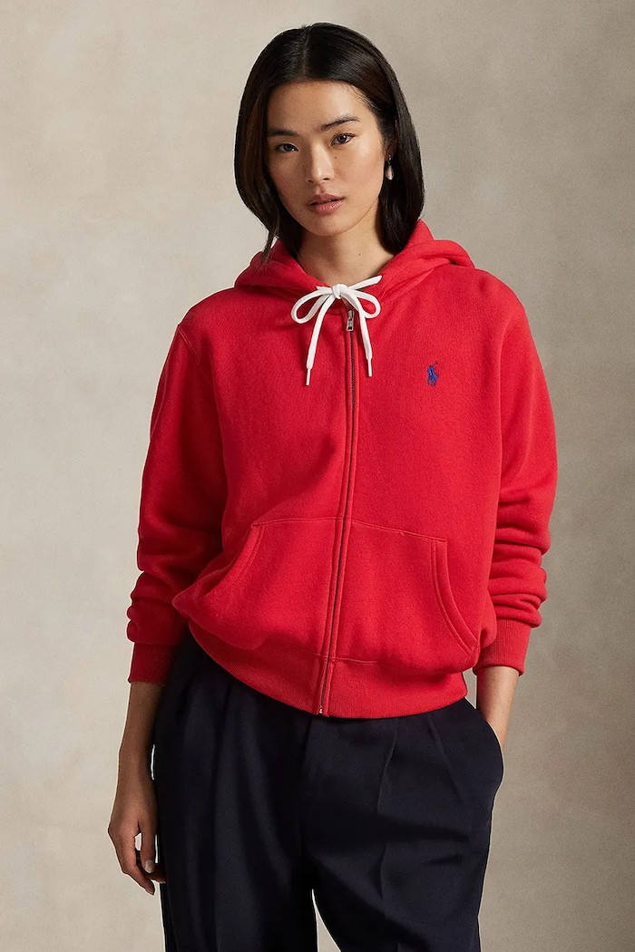 Polo Ralph Lauren μπλούζα με κουκούλα και κουμπιά γυναικεία με βαμβάκι με κουκούλα κόκκινο 211971699