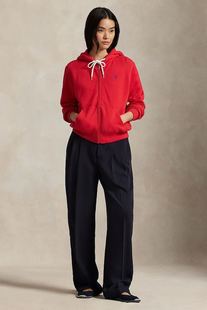 Ρούχα Polo Ralph Lauren μπλούζα με κουκούλα και κουμπιά γυναικεία με βαμβάκι 211971699 κόκκινο