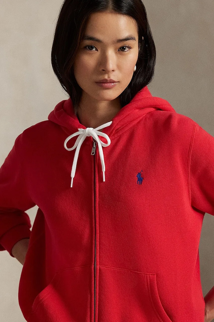 Polo Ralph Lauren μπλούζα με κουκούλα και κουμπιά γυναικεία με βαμβάκι κόκκινο 211971699