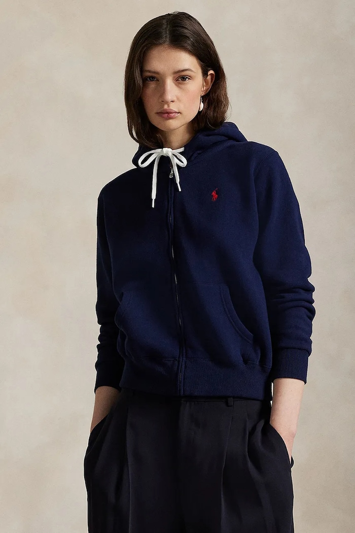 Polo Ralph Lauren rozepínací mikina s kapucí dámská s bavlnou s kapucí námořnická modř 211971699