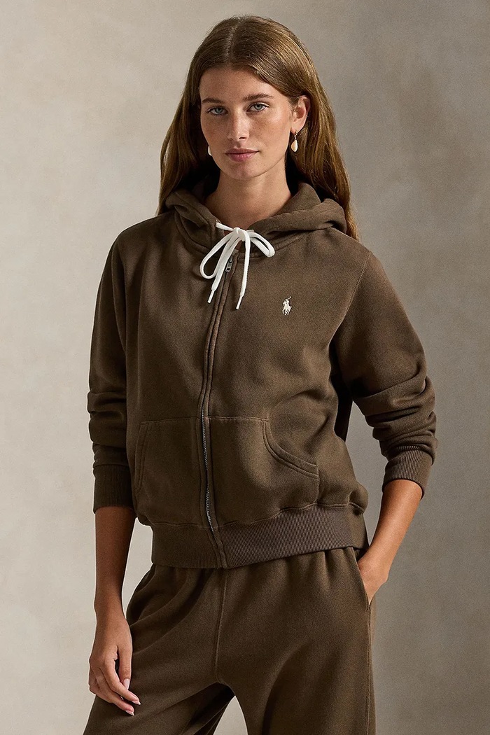 Polo Ralph Lauren bluza rozpinana z kapturem z bawełną damska brązowy 211971699