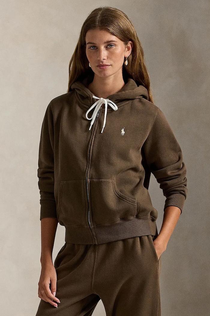 Polo Ralph Lauren bluza rozpinana z kapturem z bawełną damska brązowy 211971699