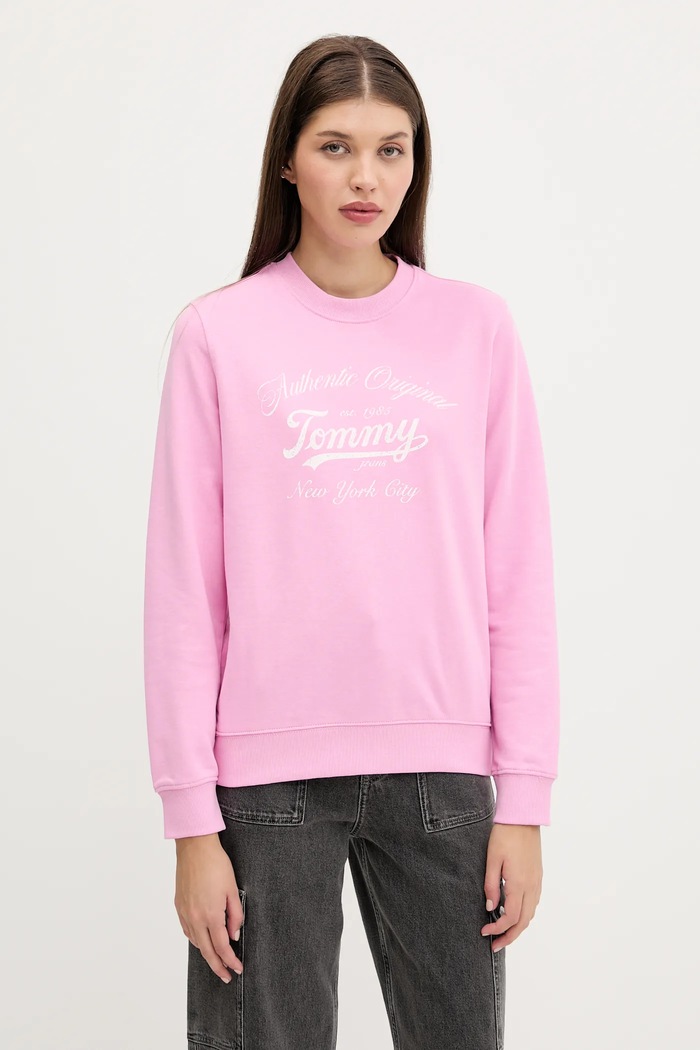 Bombažen pulover Tommy Jeans Brez kapuce roza DW0DW20942