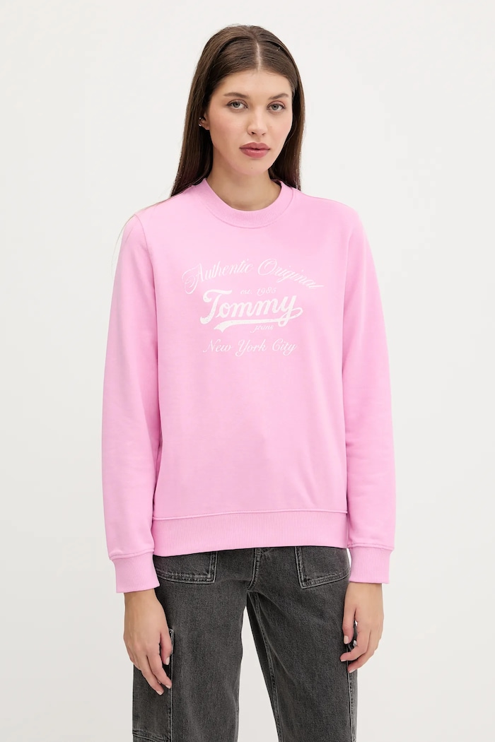 Bombažen pulover Tommy Jeans Brez kapuce roza DW0DW20942