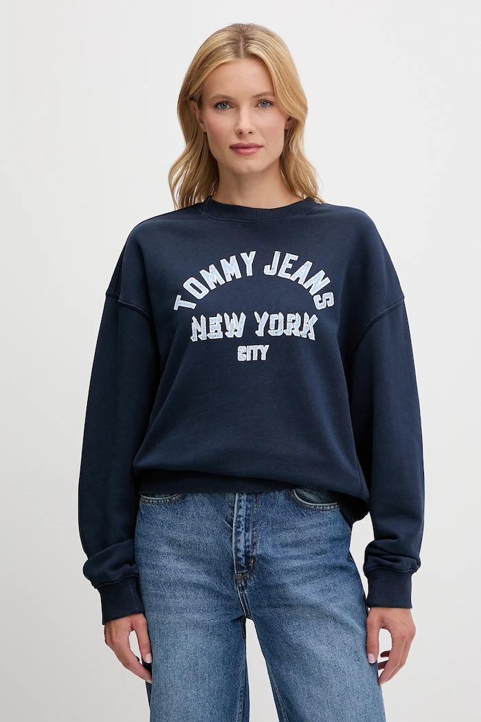 Bavlněná mikina Tommy Jeans bez kapuce námořnická modř DW0DW21202