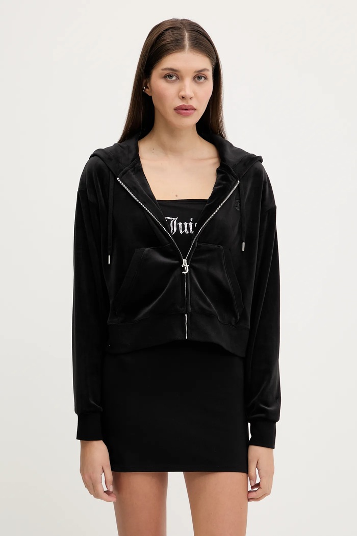 Juicy Couture bluza welurowa BRENDAL CROP OVERSIZED HOODIE z kapturem czarny JCBAS225801