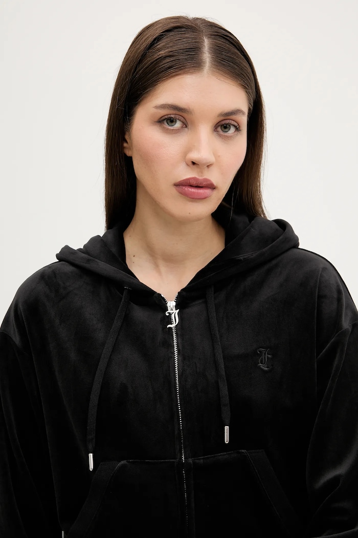 Juicy Couture bluza welurowa BRENDAL CROP OVERSIZED HOODIE czarny JCBAS225801