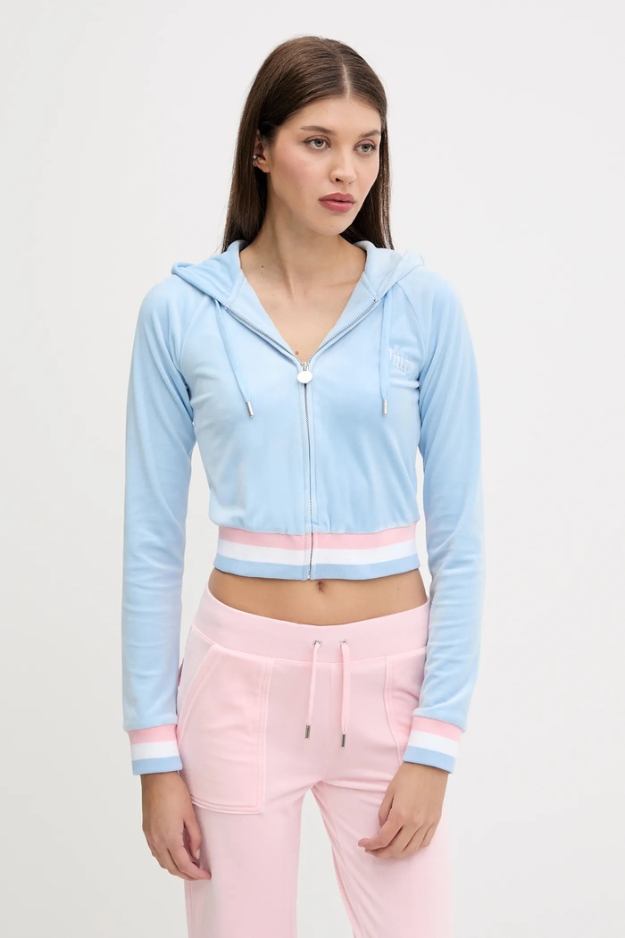 Juicy Couture bluza VELOUR CROPPED STRIPE HOODIE z elastanem niebieski JCWAS225351