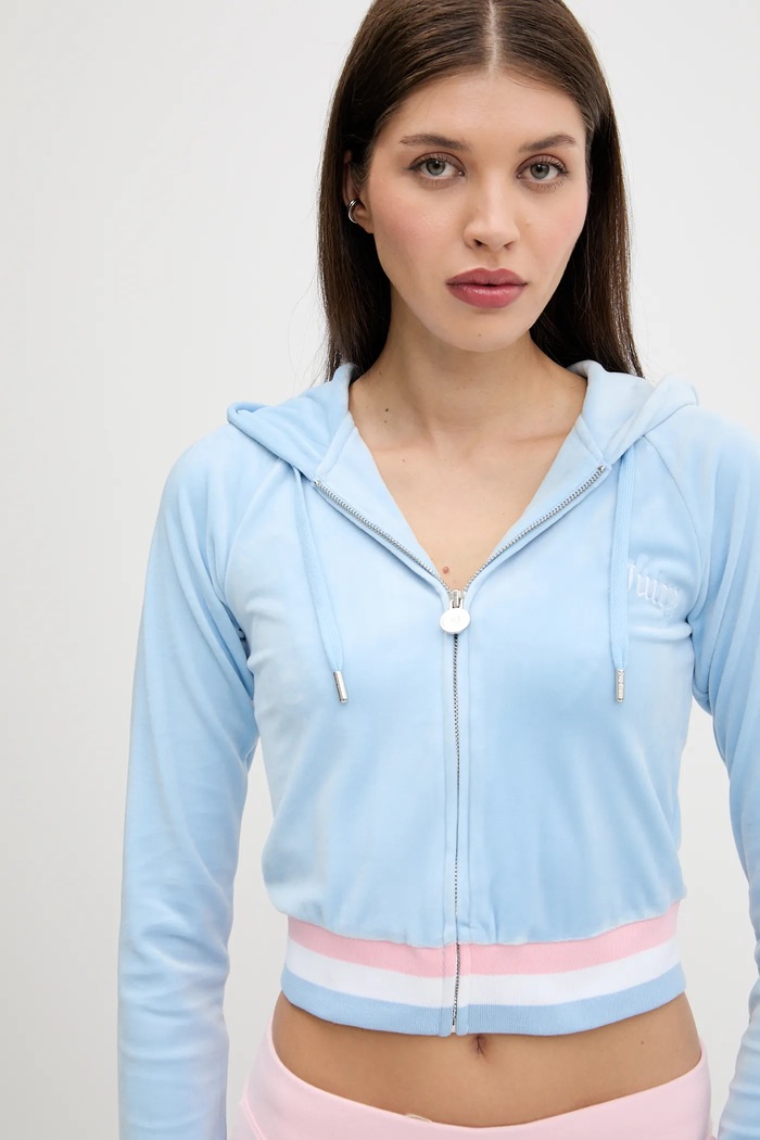Juicy Couture bluza VELOUR CROPPED STRIPE HOODIE niebieski JCWAS225351