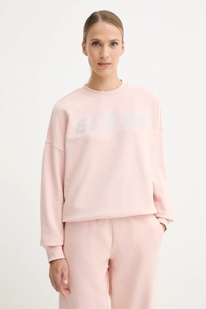 Βαμβακερή μπλούζα Guess PRIMULA χωρίς κουκούλα πορτοκαλί V5YQ12.KCRP0