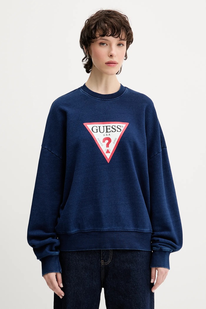 Bavlněná mikina Guess Jeans bez kapuce námořnická modř W5YQ12.KCXQ1