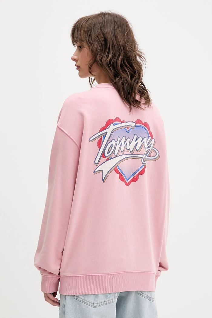 Памучен суичър Tommy Jeans без качулка розов DW0DW21602