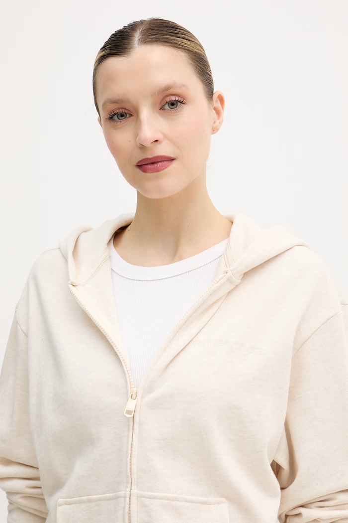 Tommy Hilfiger bluza rozpinana z kapturem damska z bawełną beżowy UW0UW06093