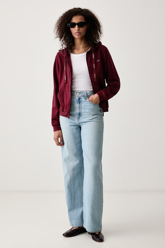 HUGO Bluza rozpinana z kapturem damska z bawełną HUGO ID_JACKET 50556350 bordowy SS26