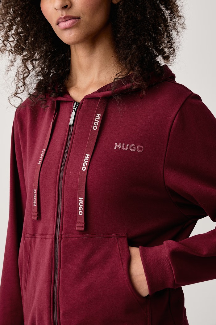 Bluza rozpinana z kapturem damska z bawełną HUGO ID_JACKET HUGO 50556350 bordowy