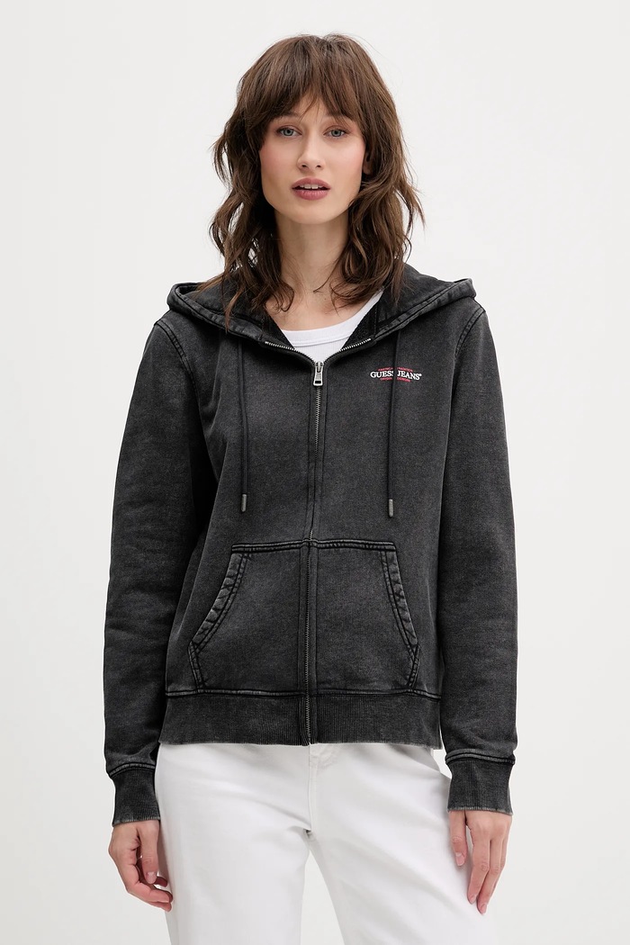 Bavlněná mikina Guess Jeans s kapucí šedá W5BQ14.KCPR1
