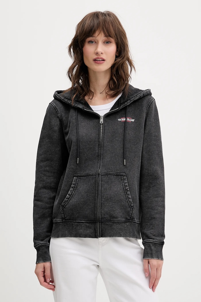 Bavlněná mikina Guess Jeans s kapucí šedá W5BQ14.KCPR1
