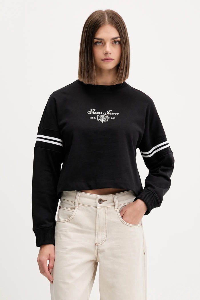 Βαμβακερή μπλούζα Guess Jeans χωρίς κουκούλα μαύρο W5BQ25.KCYM1